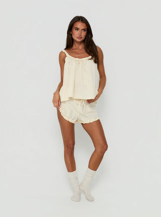 Nattalie Tie Waist Frill Sleep Shorts Cream