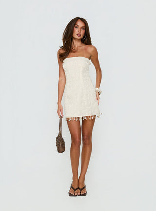 We Made It Strapless Sequin Mini Dress Cream