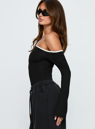 Andrielle One Shoulder Long Sleeve Bodysuit Black  White
