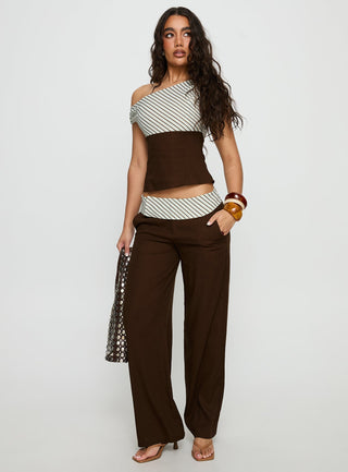 Past Life One Shoulder Top Brown  Stripe