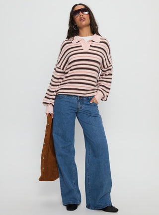 Jeanny Collared Knit Sweater Brown  Pink Stripe