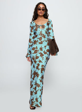 Elorie Long Sleeve Maxi Dress Blue  Brown