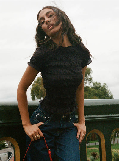 Romelle Shirred Top Black  Brown Plaid Petite