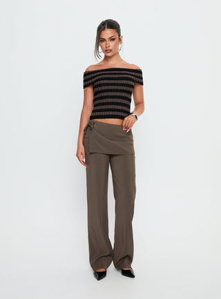 Murmur Off Shoulder Top Brown  Black Stripe