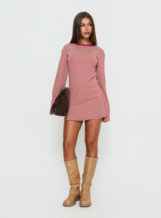 Lulolah Long Sleeve Mini Dress Lemon  Burgundy Stripe