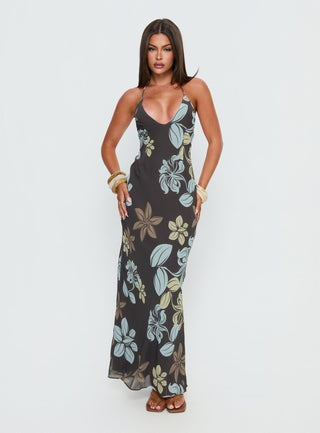 Esmira Halter Maxi Dress Chocolate  Blue Floral