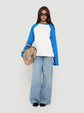 Settle Down Long Sleeve Raglan Top Blue / White