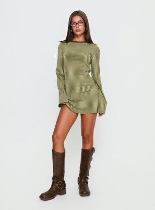 Lulolah Long Sleeve Mini Dress Green  Chocolate Stripe