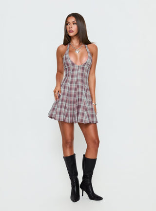 Out Of Nowhere Halter Mini Dress Burgundy  Pink Check
