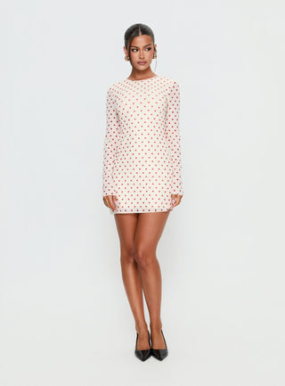 Nyxia Long Sleeve Mini Dress Cream  Red Polka