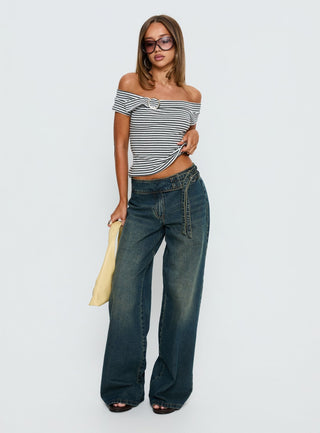 Kiela Off Shoulder Hardware Detail Top Grey  White Stripe