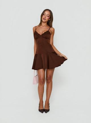 Starissa Lace Trim Mini Dress Chocolate