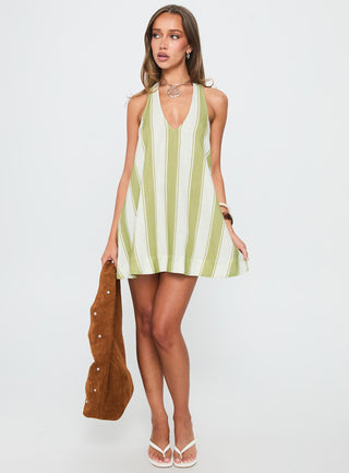 Khaia Halter Mini Dress Green  Cream Stripe