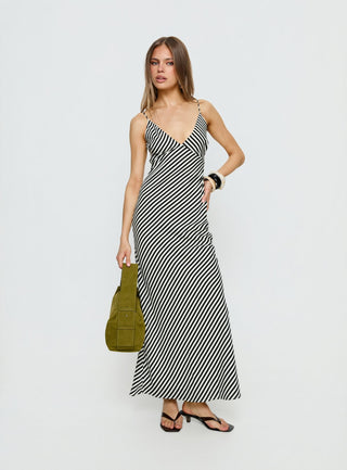 Lesondo V Neck Maxi Dress Black  White Stripe