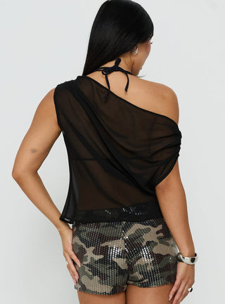 Orya Sheer Drape Off Shoulder Top Black