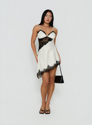 Raines Asymmetrical Lace Mini Dress Ivory / Black