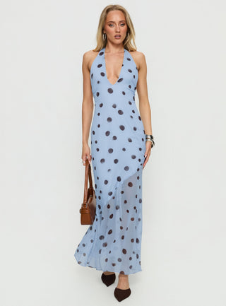 Oralee Halter Sheer Maxi Dress Blue  Polka Dot