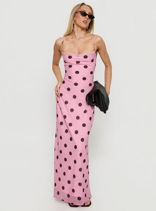 Celena Maxi Dress Pink  Brown Polka Dot