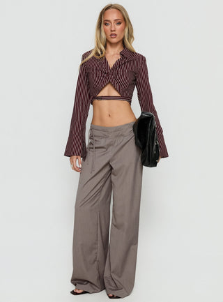 Anslee Wrap Detail Cropped Long Sleeve Top Burgundy Stripe