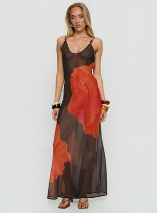 Carita Sheer Chiffon Maxi Dress Brown  Orange Floral