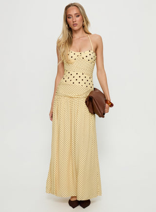 Marguerite Halter Maxi Dress Lemon  Brown Polka Dot
