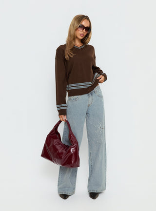 Yarnia V Neck Jumper Brown  Blue