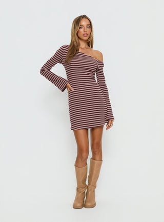 Adrietta Long Sleeve Off Shoulder Mini Dress Chocolate  Pink Stripe