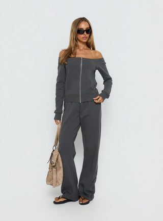 Airazo Off Shoulder Zip Through Sweatshirt Grey