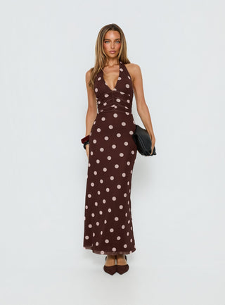 Saviana Halter Ruched Maxi Dress Chocolate  Pink Polka Dot