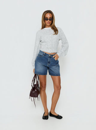 Torri Longline Denim Shorts Mid Blue Wash