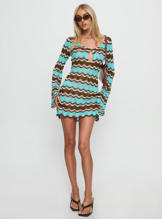 Suka Long Sleeve Knit Mini Dress Brown  Blue