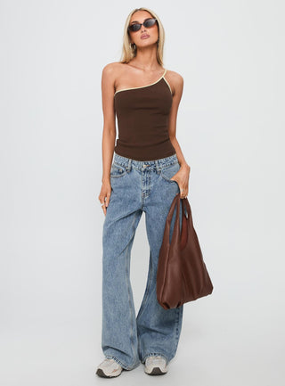 Hold It Down One Shoulder Contrast Top Chocolate  Yellow