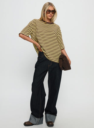 Settle Down Short Sleeve Top Yellow  Brown Stripe