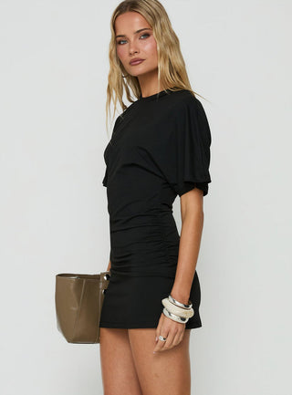 Hunni Ruched Shirt Mini Dress Black