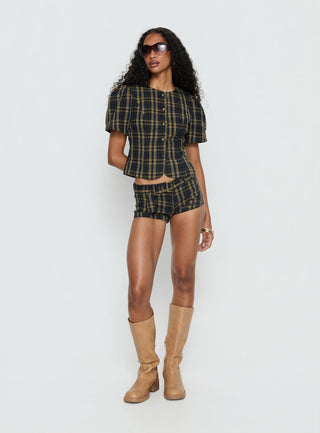 Femme Blouse Top Navy  Lemon Plaid