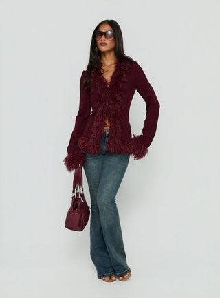 Brynlie Faux Fur Trim Boxy Cardigan Burgundy
