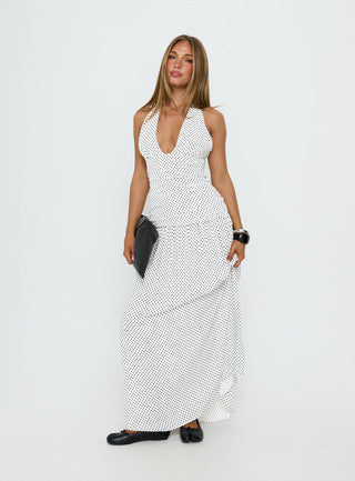 Millen Gathered Waist Halter Maxi Dress White Polka Dot