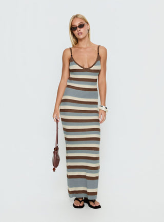Leylana Scoop Knitted Maxi Dress Blue  Brown Stripe