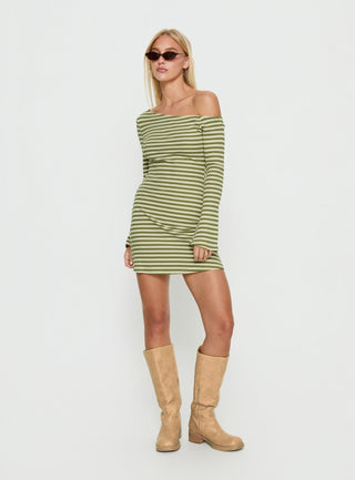 Adrietta Long Sleeve Off Shoulder Mini Dress Cream  Matcha Stripe