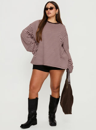 Settle Down Long Sleeve Top Pink  Brown Stripe Curve