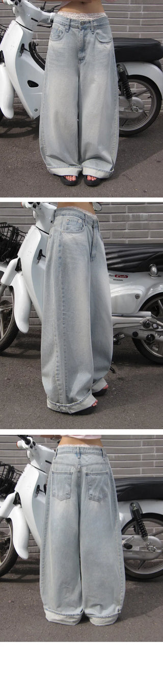 Highly Praised Split Super Wide Light Blue Faded Denim Pants