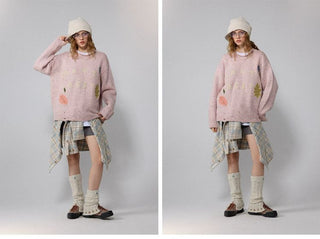 [Monterest] Distressed Crewneck Embroidered Sweater