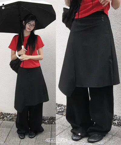 Unbalanced Striped Back Banding Midi Skirt - 2 Colors