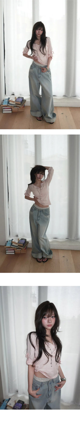 Highly Praised Split Super Wide Light Blue Faded Denim Pants