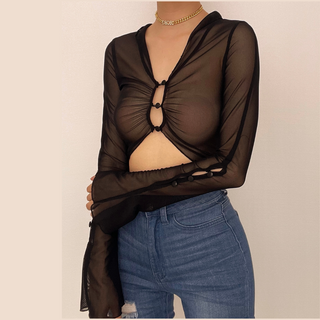 Sheer mesh see through button hollow out long sleeve crop cut out top