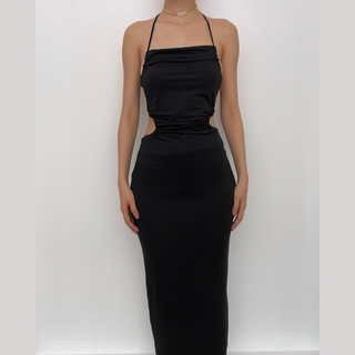 Solid hollow out drawstring backless halter cut out maxi dress
