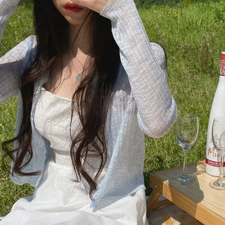 Cropped sheer ribbed V-neck cardigan