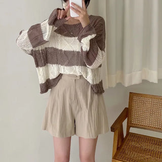 See-through oversized boat neck two-tone striped knit