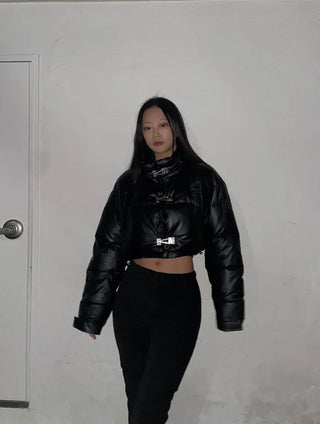 Buckle Leather Short Down Jacket
