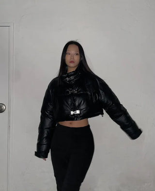 Buckle Leather Short Down Jacket